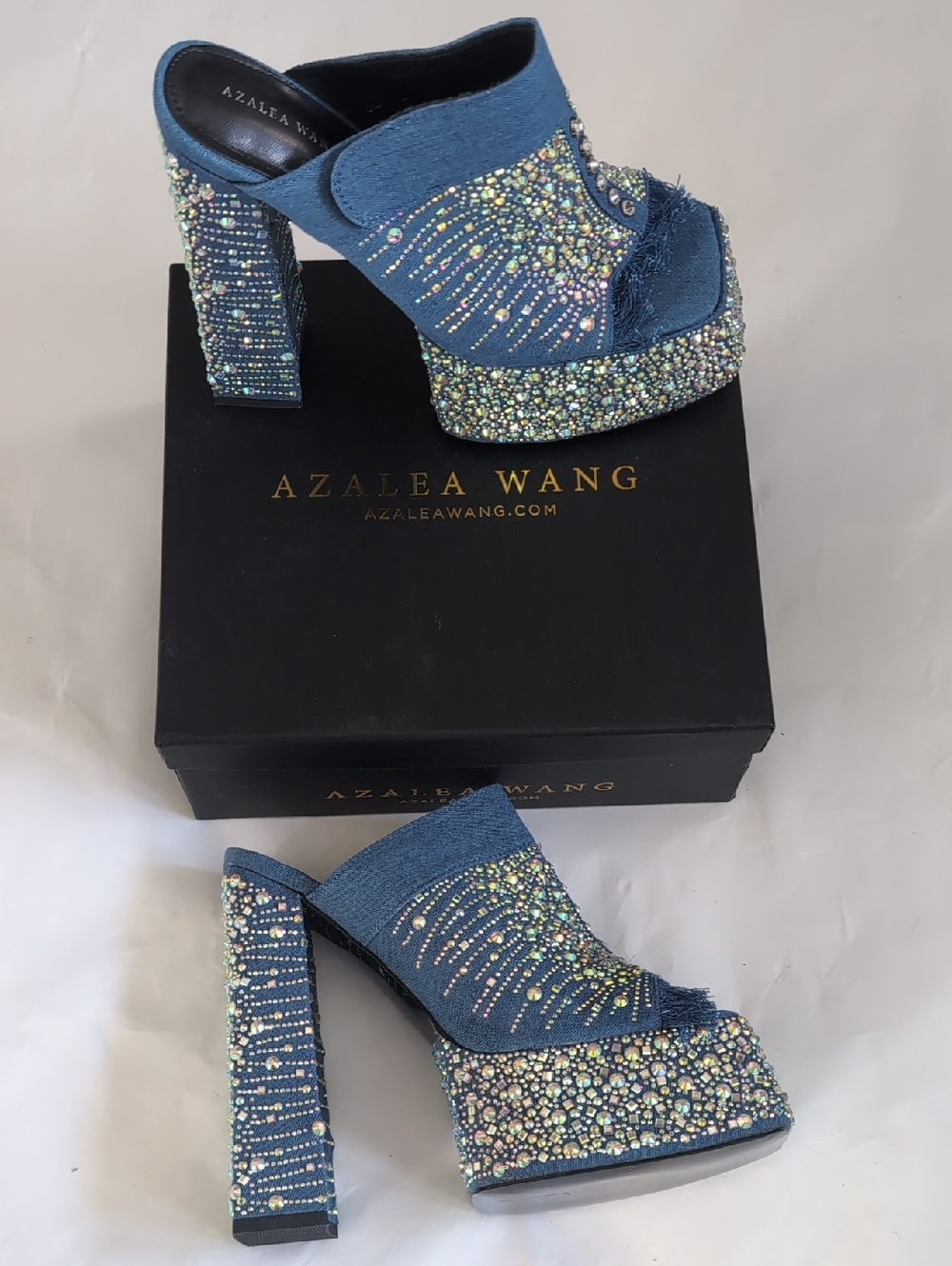 Azalea Wang Blue Crystal Embellished Platform Mules